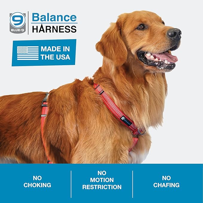 Blue-9 Reflective Buckle-Neck Balance Harness, Fully Customizable Fit No-Pull Harness with 3M Reflective Stitching, Ideal for Dog Training and Obedience, Made in The USA, Red, Medium/Large