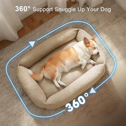 FURTIME Washable Small Dog Bed, Rectangle Comfy Fluffy Kitten Puppy Bed, Removable Zipper Cover Machine Wash, Soft Breathable Orthopedic Bed Durable Pet Cuddler with Anti-Slip Bottom, 20"x19"x6",Beige
