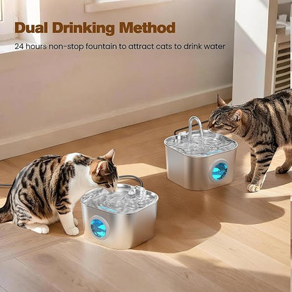 HOOISE Cat Water Fountain with 8 Filters + 5 Sponges,Small Pet Waterer Dispenser Fountains for Drinking Cats Indoor Metal Automatic Waterer Bowl 24/7 Running Auto Kitty Watering Supplies Quiet Pump