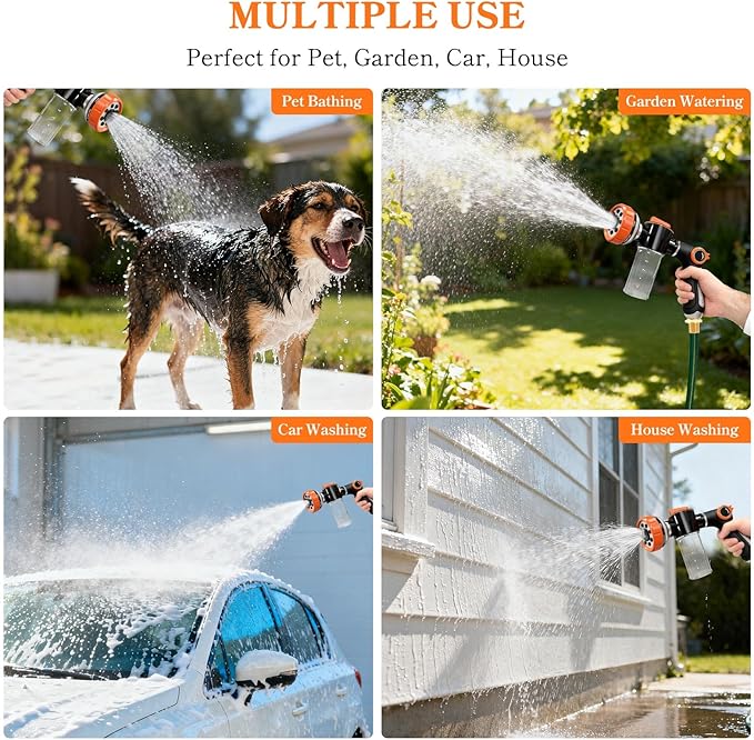 SCHITEC Upgraded Dog Wash Hose Attachment with 100cc Soap Dispenser, 8-in-1 Spray Modes Dog Shampoo Sprayer Nozzle Pet Shower Attachment for Bathing Dogs, Car Wash, Garden Watering