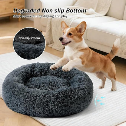 NOYAL Calming Donut Dog Bed for Small to Medium Dogs & Cats - Plush Faux Fur Anti-Anxiety Pet Bed with Machine Washable Cover & Non-Slip Base