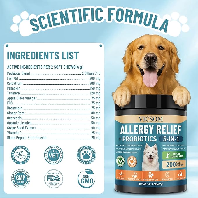 VICSOM Dog Allergy Chews for Dogs Itching Skin Relief with Probiotics for Dogs Immune Support, Itchy Skin & Ears, Licking Paws, Itch Relief for Dog with Probiotics for Gut Health, 200 Chews