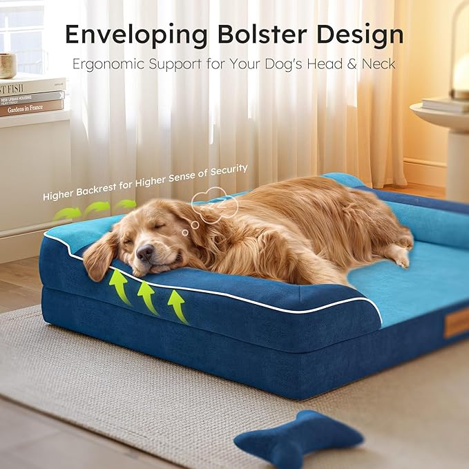 CWAWZ XXL Dog Bed for Extra Large Dogs, Giant Orthopedic Dog Bed with Cooling Gel Memory Foam, Waterproof Pet Bed with Removable Washable Cover, 53" Pet Sofa Bed Dutch Velvet with Bone Toy, Navy Blue