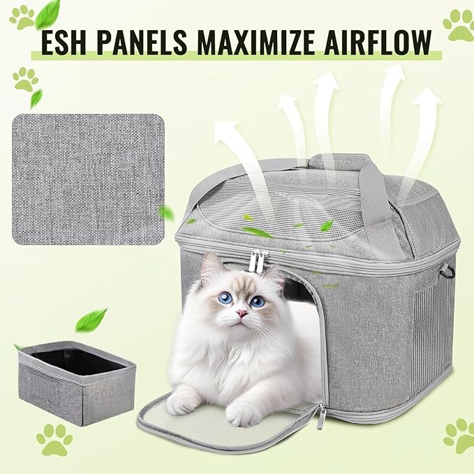 Top-Expandable Pet Carrier 17x11.8x13 Inches Underseat Up to 20lbs, Soft-Sided Carrier Travel Carriers with Padded Shoulder Strap for Small Cats and Dogs, Collapsible Waterproof Travel, Grey