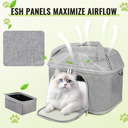 Top-Expandable Pet Carrier 17x11.8x13 Inches Underseat Up to 20lbs, Soft-Sided Carrier Travel Carriers with Padded Shoulder Strap for Small Cats and Dogs, Collapsible Waterproof Travel, Grey