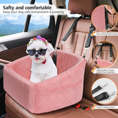 NEEZUKAR Dog Car Seat for Small Medium Dogs,Detachable Washable Dog Booster Seat Under 30lbs, Pet Car Seats Travel Bed with Storage Pockets and Safety Belt(Pink)