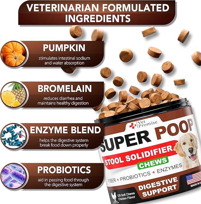 Vet Promise Super Poop Probiotics for Dogs - Dog Stool Softener - Fiber for Dogs Supplement - 6 Probiotics and Digestive Enzymes - Healthy Gut - Perfect for Firm Stool & Diarrhea Relief - 120 Chews