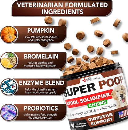 Vet Promise Super Poop Probiotics for Dogs - Dog Stool Softener - Fiber for Dogs Supplement - 6 Probiotics and Digestive Enzymes - Healthy Gut - Perfect for Firm Stool & Diarrhea Relief - 120 Chews