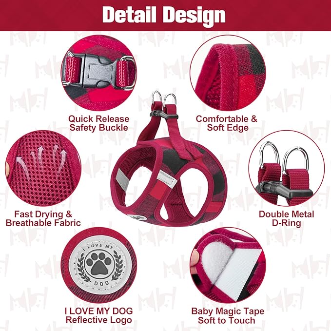 BEAUTYZOO Small Dog Harness and Leash Set,Step in No Choke No Pull Soft Mesh Dog Harnesses Reflective for Extra-Small/Small Medium Puppy Dogs and Cats, Plaid Dog Vest Harness for XS S Pets, Red L