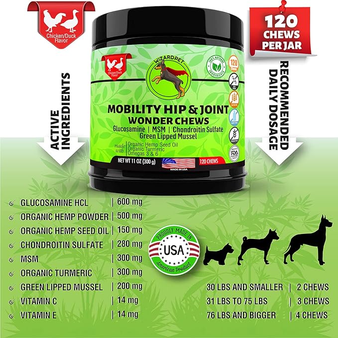 WIZARDPET Advanced Hemp Hip and Joint Supplement for Dogs Hemp Oil Glucosamine Chondroitin for Dog Omegas Turmeric MSM Green Lipped Mussel Made in USA Treats Support Mobility 120 Chews