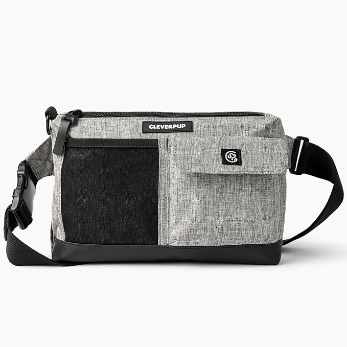 Cleverpup Dog Walk & Train Sling Bag by Cleverpup - Hands-Free 2-In-1 Treat Pouch, Poop Bag Holder, Clicker, Phone Pocket - Crossbody/Fanny Pack, Adjustable Strap - Heather Grey