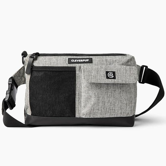 Cleverpup Dog Walk & Train Sling Bag by Cleverpup - Hands-Free 2-In-1 Treat Pouch, Poop Bag Holder, Clicker, Phone Pocket - Crossbody/Fanny Pack, Adjustable Strap - Heather Grey
