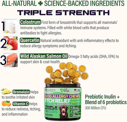Vet Treat Dog Allergy Relief Chews - 170 Dog Allergy Chews - Itch Relief for Dogs - Anti Itch for Dogs - Dry & Itchy Skin - Allergies & Immune Support Supplement, Omega 3 Fish Oil, Colostrum - USA