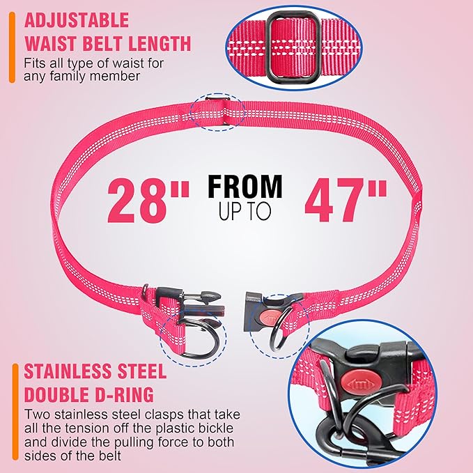 Hands Free Dog Leash with Waist Belt – No-Pull Bungee, Dual Padded Handles & Zipper Pouch for Running, Walking & Training – Adjustable Waist Leash for Large & Medium Dogs (Pink)