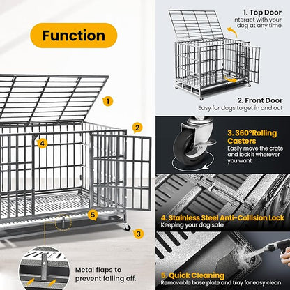 Oranland 48 inch Heavy Duty Indestructible Dog Crate,2025 New Upgraded Reinforced Baseplate for Large Dogs,XL Dog Crate for High Anxiety Dogs/Max Load Capacity 250lbs/Double Door with Wheels（Silver）