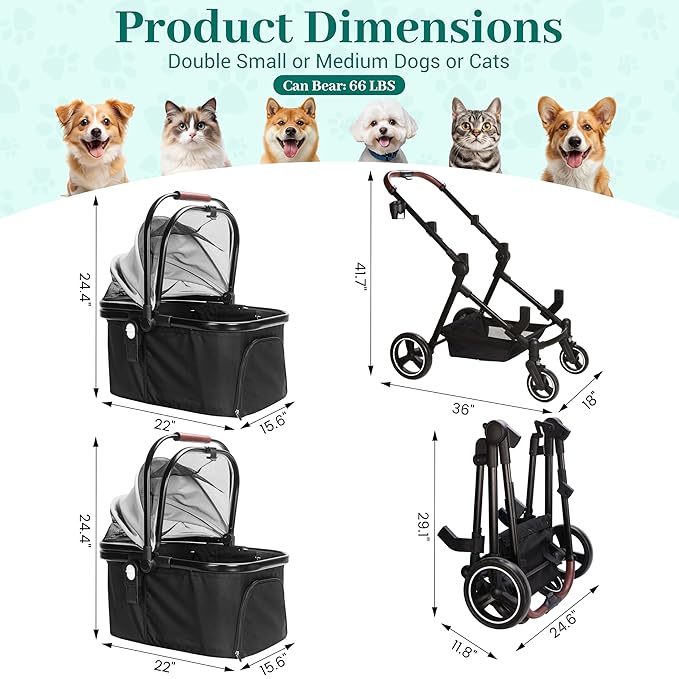 Foldable Double Pet Stroller for 2 Small Medium Cats or Dogs, Lightweight Single and Double Integrated Pet Stroller with Detachable Carriers