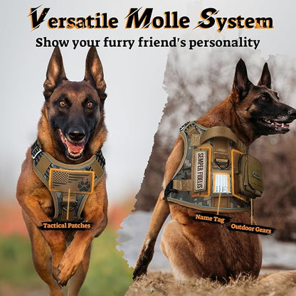 rabbitgoo Dog Harness for Large Dogs No Pull, Tactical Service Pet Vest with Molle and Control Handle, Adjustable and Reflective Military Harness for Easy Walking and Training, Desert camo, L