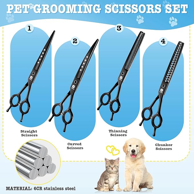 Dream Reach Dog Grooming Scissors - 7 Inch Professional 6 in 1 Pet Grooming Kit Sharp and Durable Shears Set Thinning, Chunker, Straight, Curved Shears and Comb for Dog Cat Pet, Black