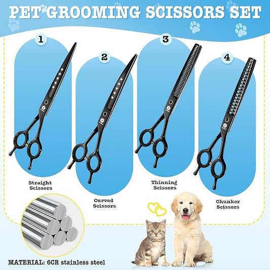 Dream Reach Dog Grooming Scissors - 7 Inch Professional 6 in 1 Pet Grooming Kit Sharp and Durable Shears Set Thinning, Chunker, Straight, Curved Shears and Comb for Dog Cat Pet, Black