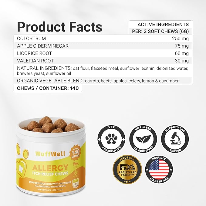 WuffWell Dog Allergy Chews – Supports Immune System & Dog Itching Skin Relief – Advanced All Natural Ingredients & Soft Chews for Dog's Skin Irritation – Made in USA – 140 Count