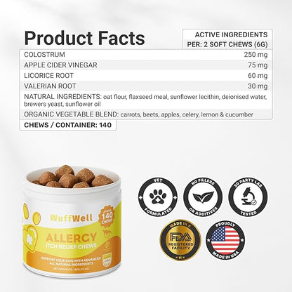 WuffWell Dog Allergy Chews – Supports Immune System & Dog Itching Skin Relief – Advanced All Natural Ingredients & Soft Chews for Dog's Skin Irritation – Made in USA – 140 Count