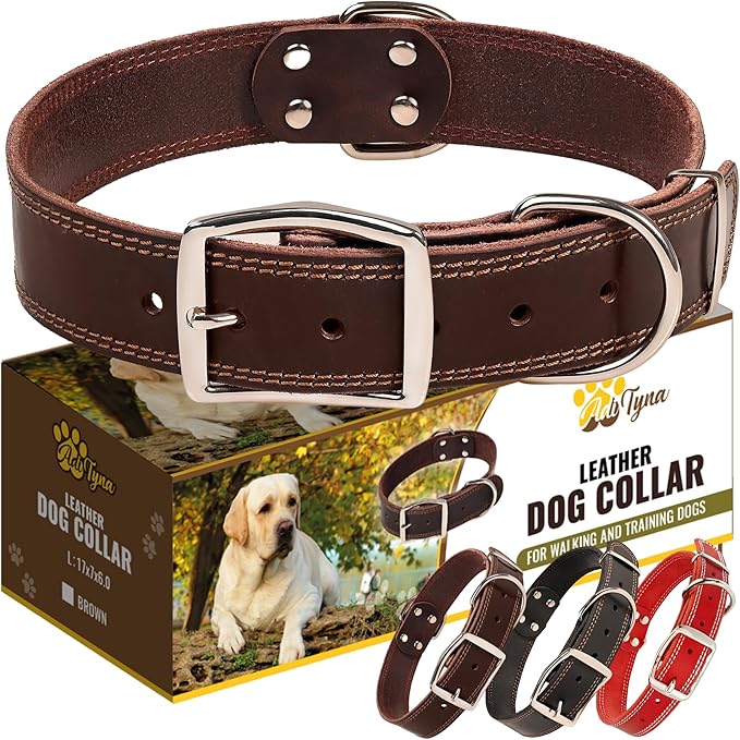 ADITYNA Heavy Duty Leather Dog Collar for Large Dogs - Soft and Strong Leather Collar for Walking, Training, Hunting, and Running (Large: Fit 17" - 23" Neck, Brown)