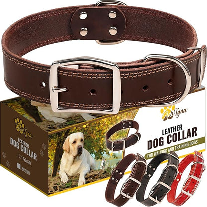 ADITYNA Heavy Duty Leather Dog Collar for Large Dogs - Soft and Strong Leather Collar for Walking, Training, Hunting, and Running (Large: Fit 17" - 23" Neck, Brown)