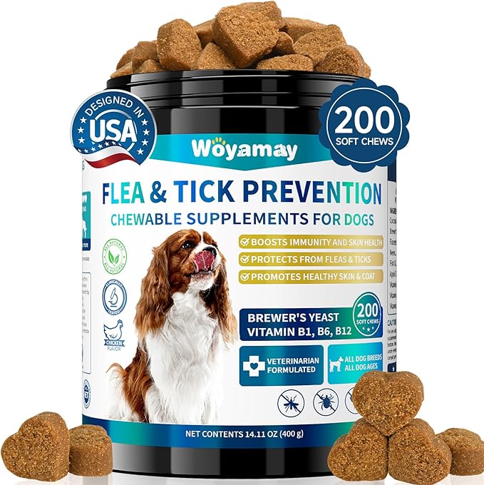 Woyamay Flea and Tick Prevention for Dogs Chewables, 200 Soft Treats, Natural Dog Flea and Tick Treatment, Oral Flea Chews for Dogs Supplement, Flea and Tick Chews for Dogs Puppies, All Breeds & Sizes