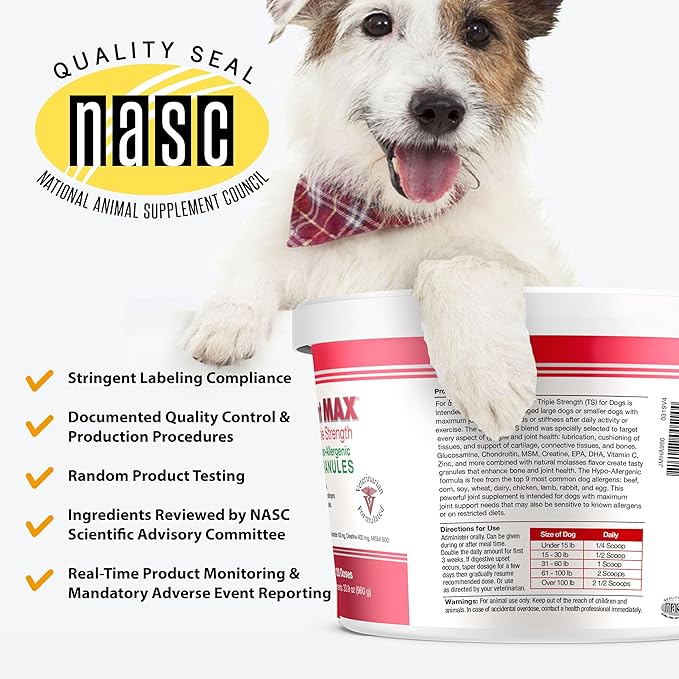 Joint MAX Triple Strength HA Granules for Dogs, Glucosamine, Chondroitin, Creatine, MSM and Antioxidants - Hip and Joint Support Supplement, 120 Doses