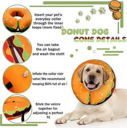 Inflatable Dog Cone Collar for Large Medium Small Dogs, Soft Adjustable Recovery Cone Collar for Dogs Cats,Dog Neck Donut Cone Alternative After Surgery(Hamburger,X-Large