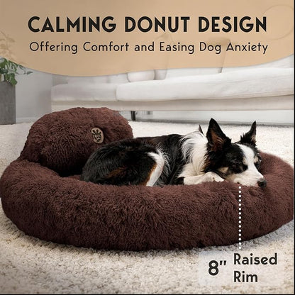 PetJett Calming Dog Beds Large Sized Dog - 36'' Round Bed, Anti-Slip & Washable Super Soft Donut Bed, Fluffy Faux Fur Anti-Anxiety Premium Comfort Pet Bed, Fits Dogs up to 80 lbs - Brown