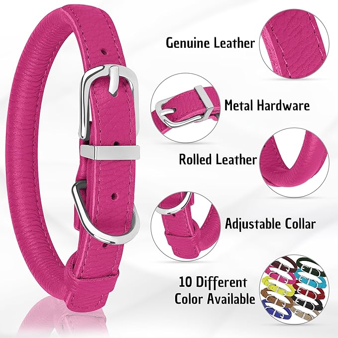 OOPSDOGGY Rolled Leather Dog Collar Soft Roll Collars for Small Medium Large Dogs Puppy (Pink, XS, 8"-11")