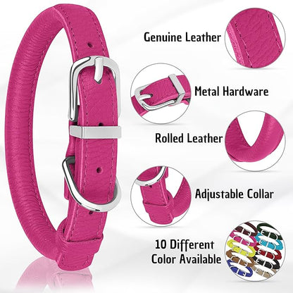 OOPSDOGGY Rolled Leather Dog Collar Soft Roll Collars for Small Medium Large Dogs Puppy (Pink, XS, 8"-11")
