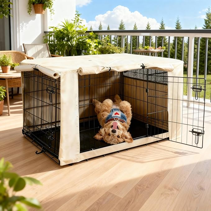 HiCaptain Dog Crate Cover 54.0" L x 37.0" W x 45.0" H with Breathable Mesh, Durable Heavy Duty Kennel Cover, Dual Zippered Panels, Windproof Waterproof UV-Resistant(Beige)