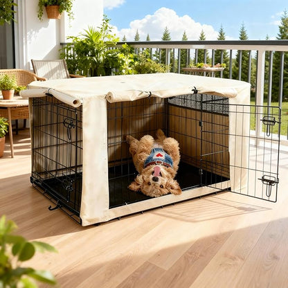 HiCaptain Dog Crate Cover 54.0" L x 37.0" W x 45.0" H with Breathable Mesh, Durable Heavy Duty Kennel Cover, Dual Zippered Panels, Windproof Waterproof UV-Resistant(Beige)