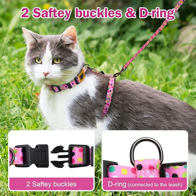 Hikiko Cat Harness and Leash Set Escape Proof Adjustable Walking Travel Cute Girl Kitten Harness for Small Medium Large Cats (Pink Polka Dots, M)