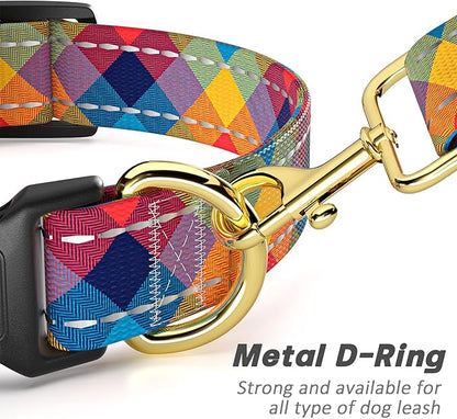 Reflective Dog Collar for Medium Dogs, Cute Boho Adjustable Heavy-Duty Nylon Puppy Collar for Boy and Girl Female, Soft Pet Accessories with Quick Release Buckle, Colorful Tartan