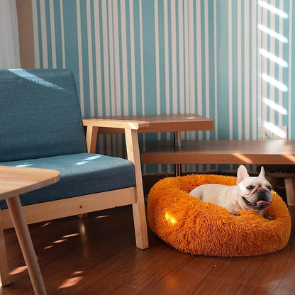 Calming Donut Dogs Beds for Small Dogs Washable,23inch Plush Round Pet Bed for Cozy Sleep,Fluffy Faux Fur Large Cat Bed,Fits up to 25 lbs Pets,Orange