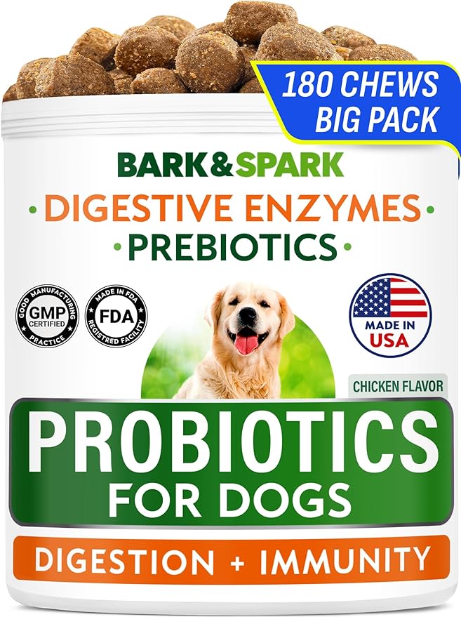 BARK&SPARK Dog Probiotics & Digestive Enzymes (Gut Health) Allergy & Itchy Skin - Pet Diarrhea Gas Treatment Upset Stomach Relief, Digestion Health Prebiotic Supplement Tummy Treat (180Ct Chicken)