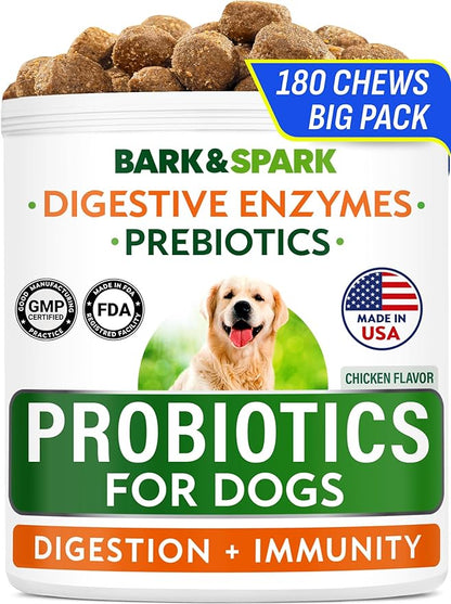 BARK&SPARK Dog Probiotics & Digestive Enzymes (Gut Health) Allergy & Itchy Skin - Pet Diarrhea Gas Treatment Upset Stomach Relief, Digestion Health Prebiotic Supplement Tummy Treat (180Ct Chicken)