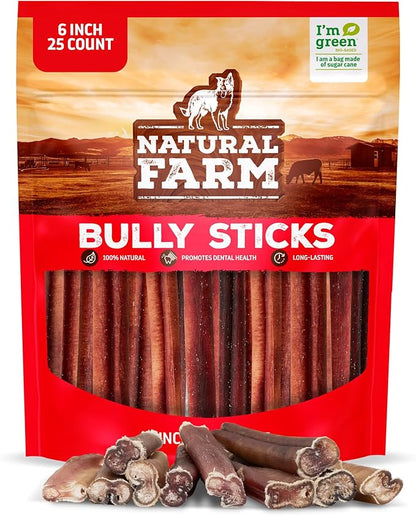 Natural Farm Odor-Free Bully Sticks (6 Inch, 25 count),1.3 lb. Bag, Fully Digestible 100% Beef Pizzle Chews,Grass-Fed, Non-GMO,Grain-Free, Natural Long-Lasting Chews for Small & Large Dogs. Pack of 25