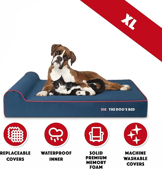 The Dog’s Bed Orthopedic Headrest Dog Bed XL Blue Oxford with Red Trim UK Flag Dog Bed, Memory Foam, Hip & Elbow Dysplasia, Post Surgery, Waterproof Washable Cover, Veterinary Approved