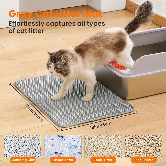 Petinstinct Cat Litter Mat, 24x18 Inches Large Double Layer Honeycomb Cat Litter Trapping Mat, Non Slip Waterproof Urine Proof Cat Litter Box Mat for Floor, Kitty Litter Rug, Cat Supplies, Gray