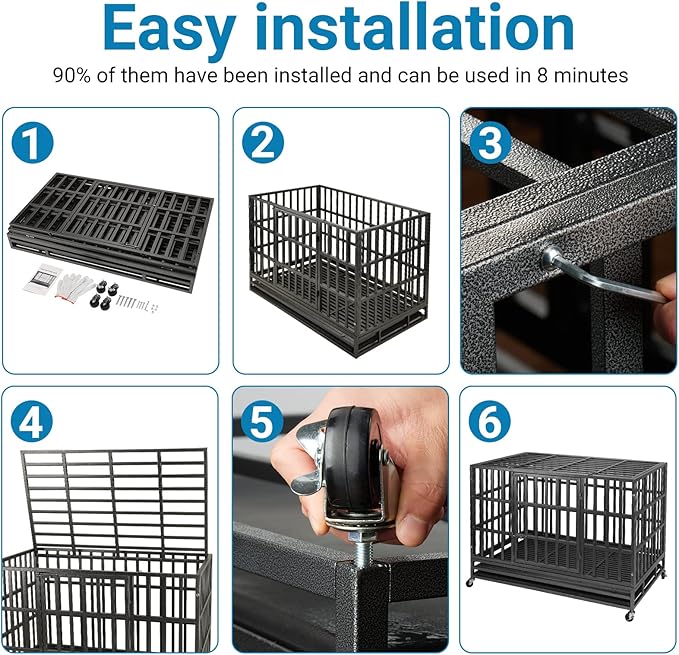 SHUSHIM 48 Inch Heavy Duty Dog Crate Kennel with Wheels, High Anxiety Indestructible Dog Crates for Large Dogs, XL XXL Extra Large Dog Crate with Removable Plastic Tray, Two Locks (Black, Square)