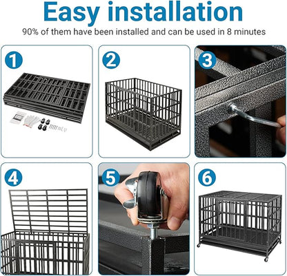 SHUSHIM 48 Inch Heavy Duty Dog Crate Kennel with Wheels, High Anxiety Indestructible Dog Crates for Large Dogs, XL XXL Extra Large Dog Crate with Removable Plastic Tray, Two Locks (Black, Square)