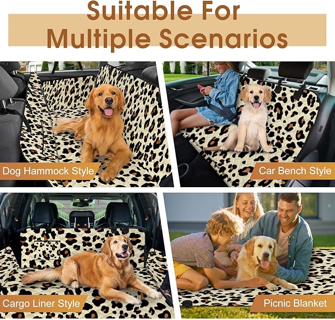 NECKORY Waterproof Dog Car Seat Cover for Back Seat - Durable, Scratch Proof Pet Hammock with Nonslip Design & Storage Pockets, Fits Cars, SUVs, Trucks- S, Leopard/Black