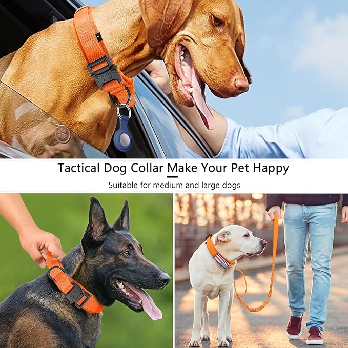 DAGANXI Tactical Dog Collar, Adjustable Military Training Nylon Dog Collar with Control Handle and Heavy Metal Buckle for Medium and Large Dogs, with Patches and Airtags Case (Orange-Set, L)