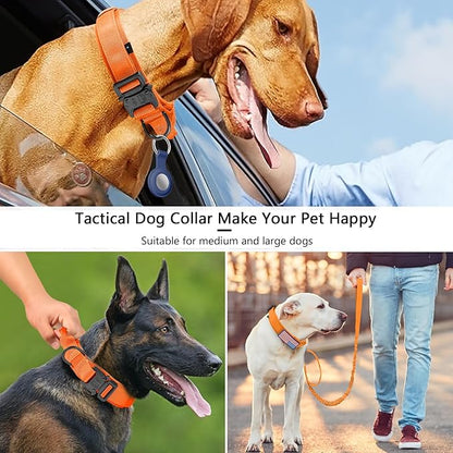 DAGANXI Tactical Dog Collar, Adjustable Military Training Nylon Dog Collar with Control Handle and Heavy Metal Buckle for Medium and Large Dogs, with Patches and Airtags Case (Orange-Set, L)
