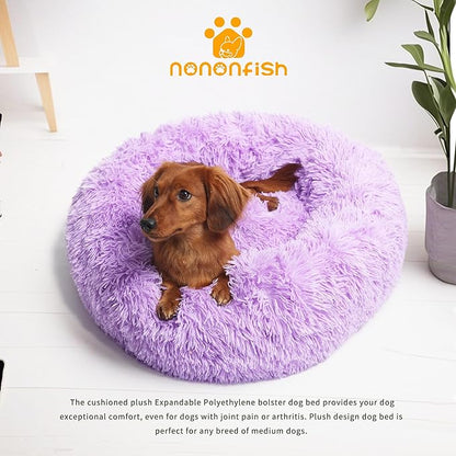 Calming Dog Bed for Medium Dogs Washable Donut 30 inches Anti-Slip Pet Bed,Round Fluffy Plush Faux Fur Cat Bed,Fits up to 45 lbs Pets,Purple