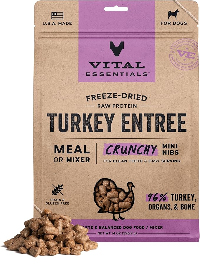Vital Essentials Freeze-Dried Raw Dog Food, Turkey Crunchy Mini Nibs | Complete Meal or Mixer | High Protein Dog Food | 14 oz